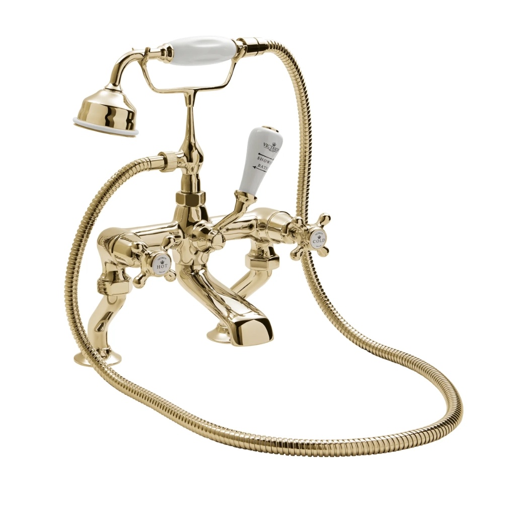 BC Designs Victrion Crosshead Gold Bath Shower Mixer & Handset Cut Out